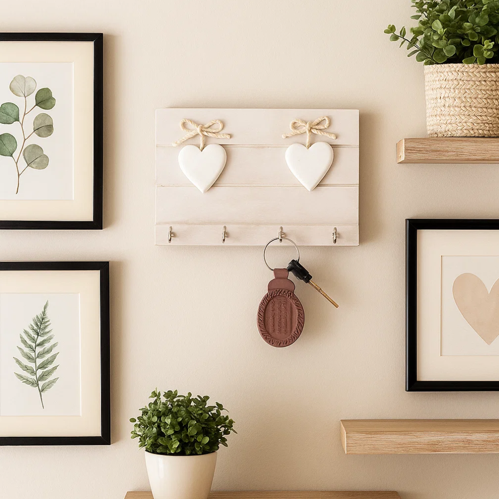 Distress Painted Wooden Ivory Heart 4‑Key Hanger