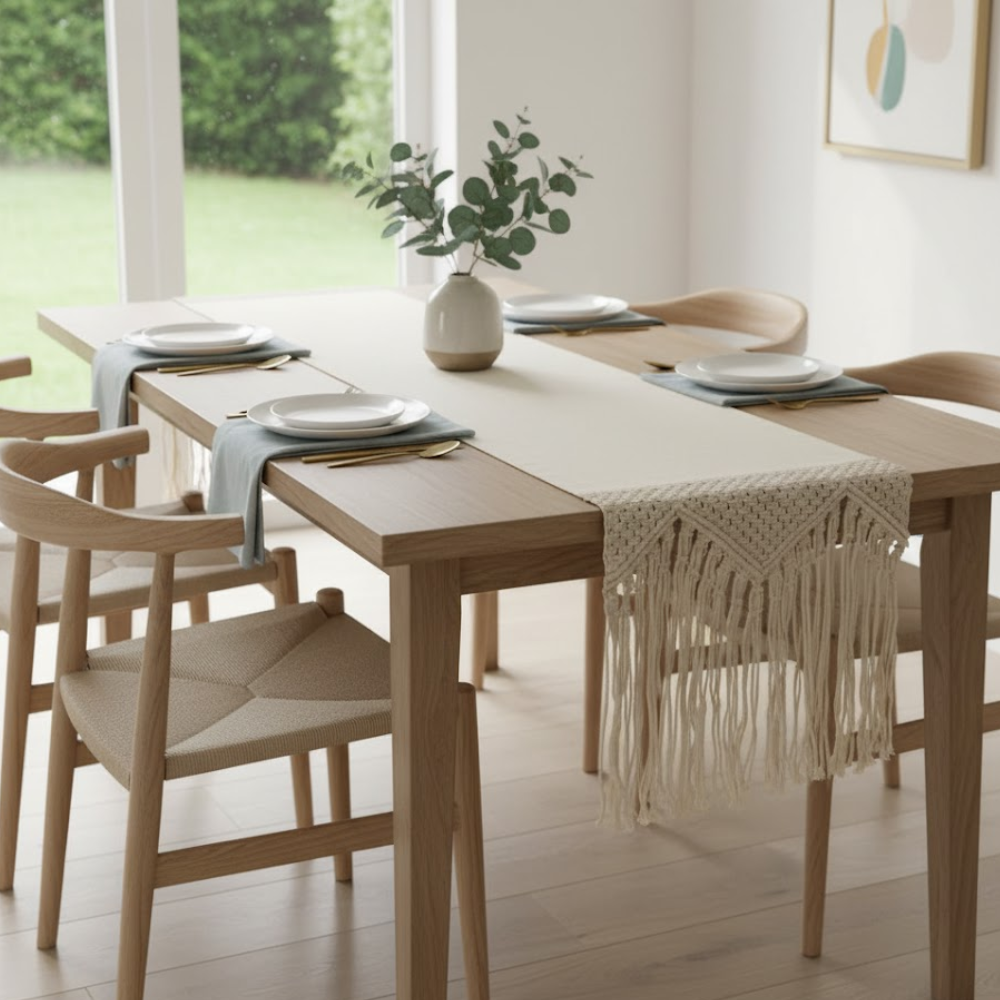 Border Macrame Fringed Off-White Table Runner
