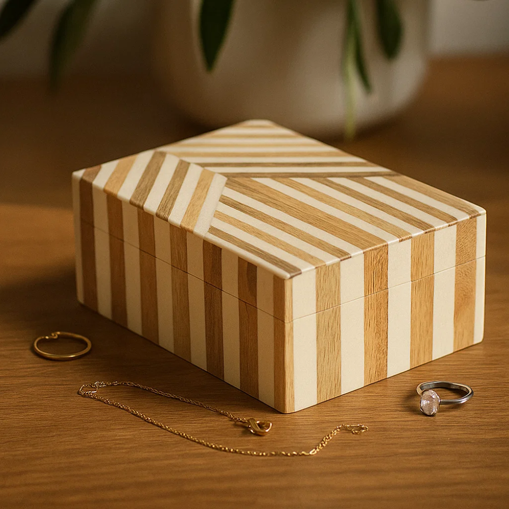Neutral Striped MDF & Resin Jewelry Box
