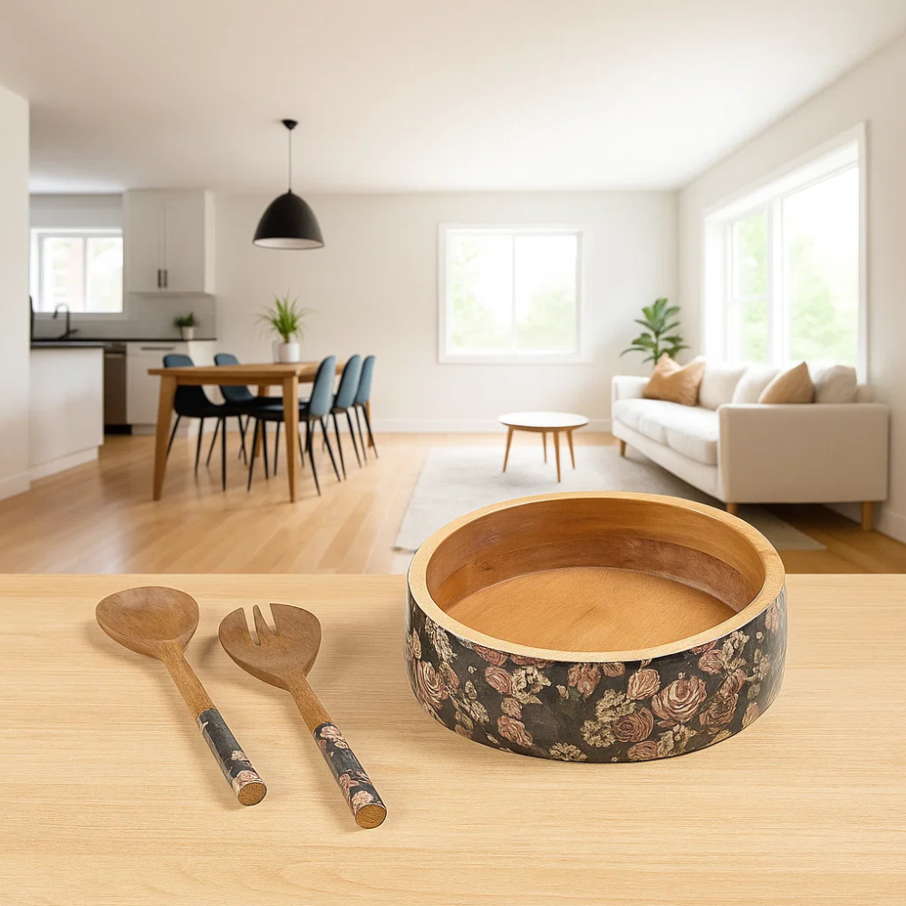 Vintage Rose Salad Bowl with Servers set – Hand-Carved