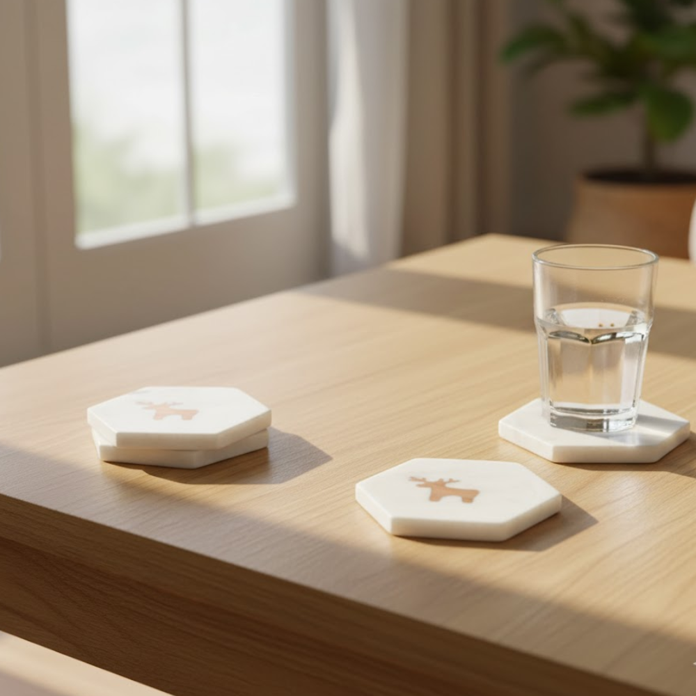 Reindeer Inlaid Marble Coasters (Set of 4) – Handcrafted White Marble Drink Coasters with Wooden Inlay