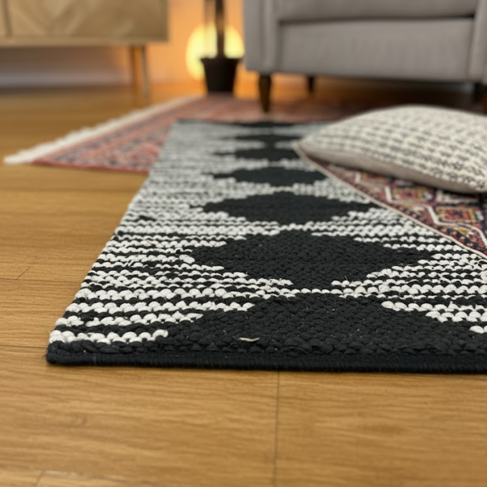 Handwoven Cotton Monochrome Durry – Artisan Diamond Pattern Rug with Stripes
