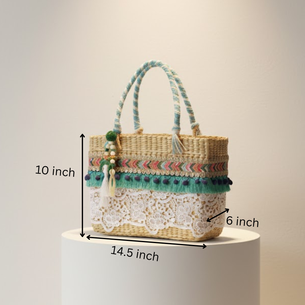 Lace Work Basket Woven Cane Turquoise Handbag – Handcrafted Eco-Friendly Cane Basket Bag
