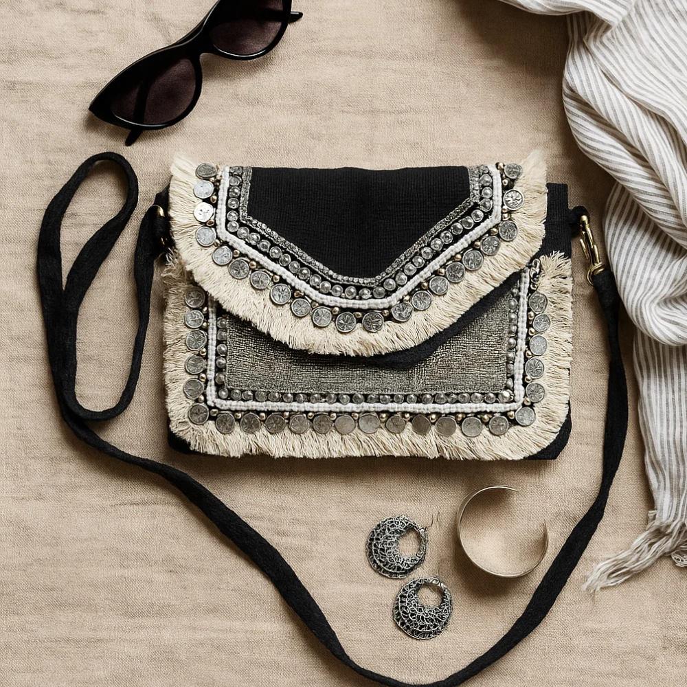Metallic Embellished & Fringed Black Jute Sling Bag