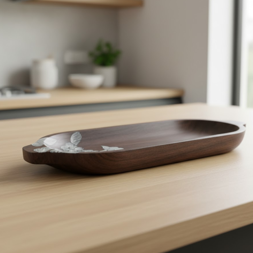 Hand Painted  Floral-Sketch Elongated Mango Wood Platter