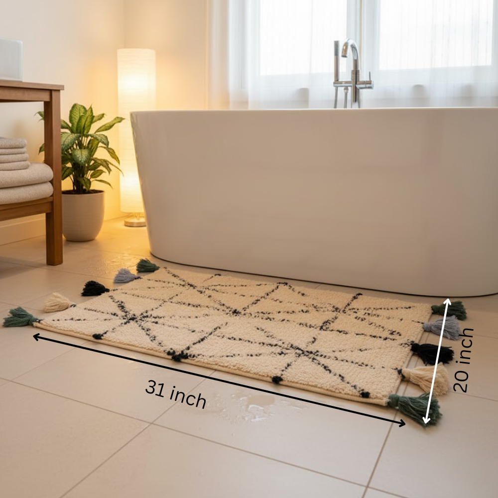 Tufted & Tasseled Geometric Cotton Bath Mat – Handwoven