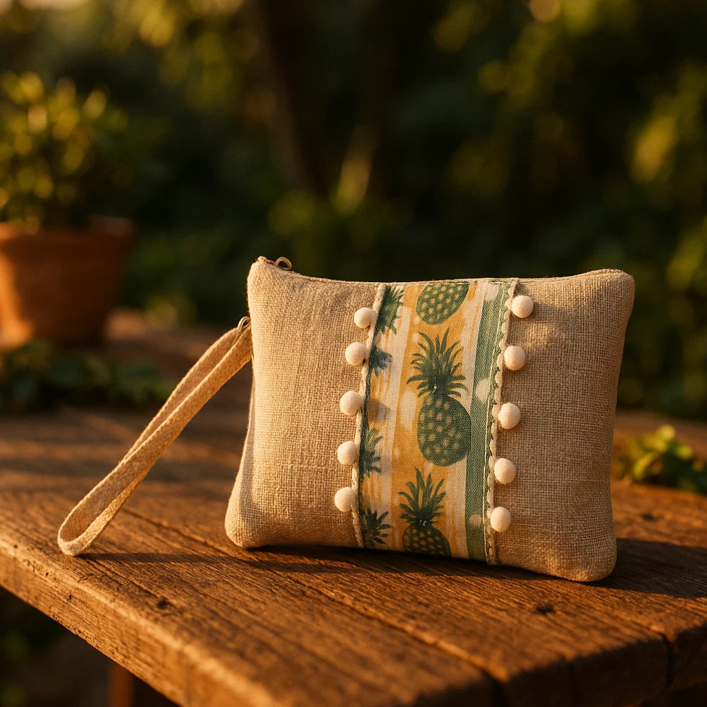 Pompom-Lined Tropical Jute Wristlet