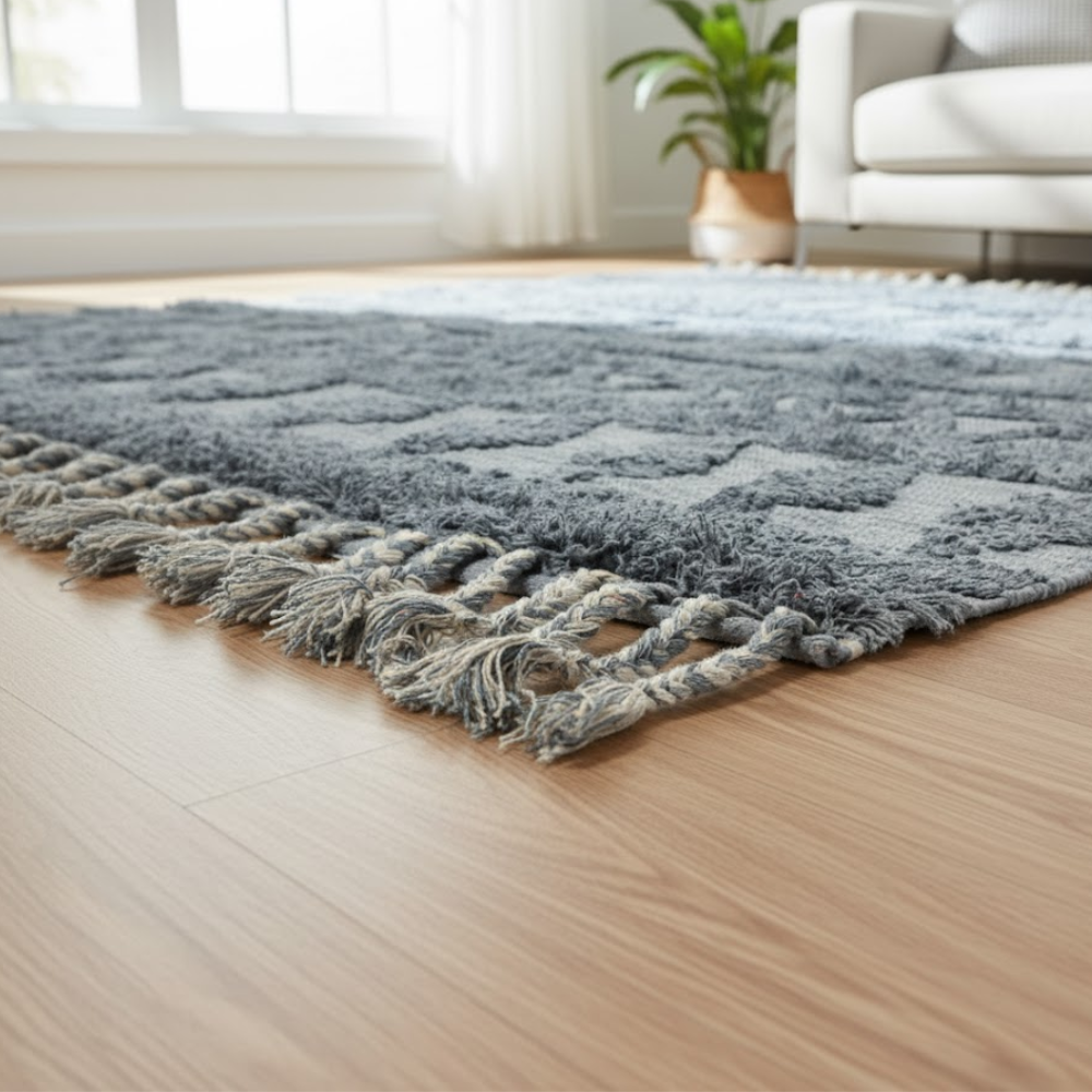 Tufted Ash Grey Tasseled Rug – Hand-Tufted Cotton Rug with Tassels