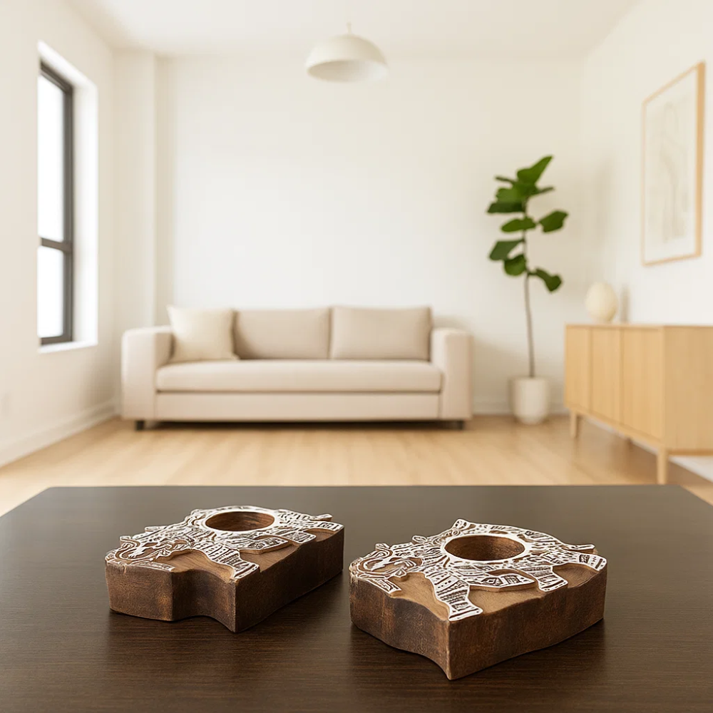 Hand Carved Wooden Elephant Tealight Holders (Set of 2) – Artisan Wooden Candle Holders with Elephant Motif