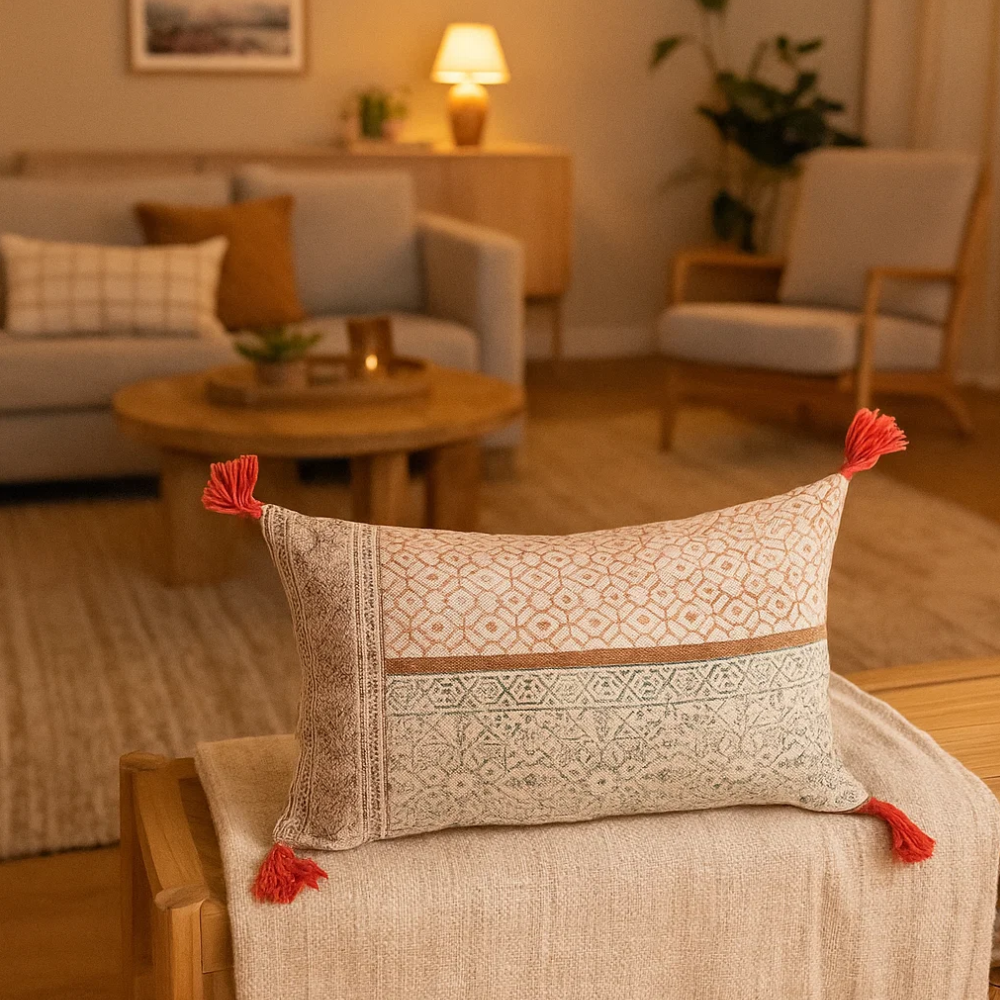 Block Printed Floral Tasseled Lumbar Cotton Cushion Cover