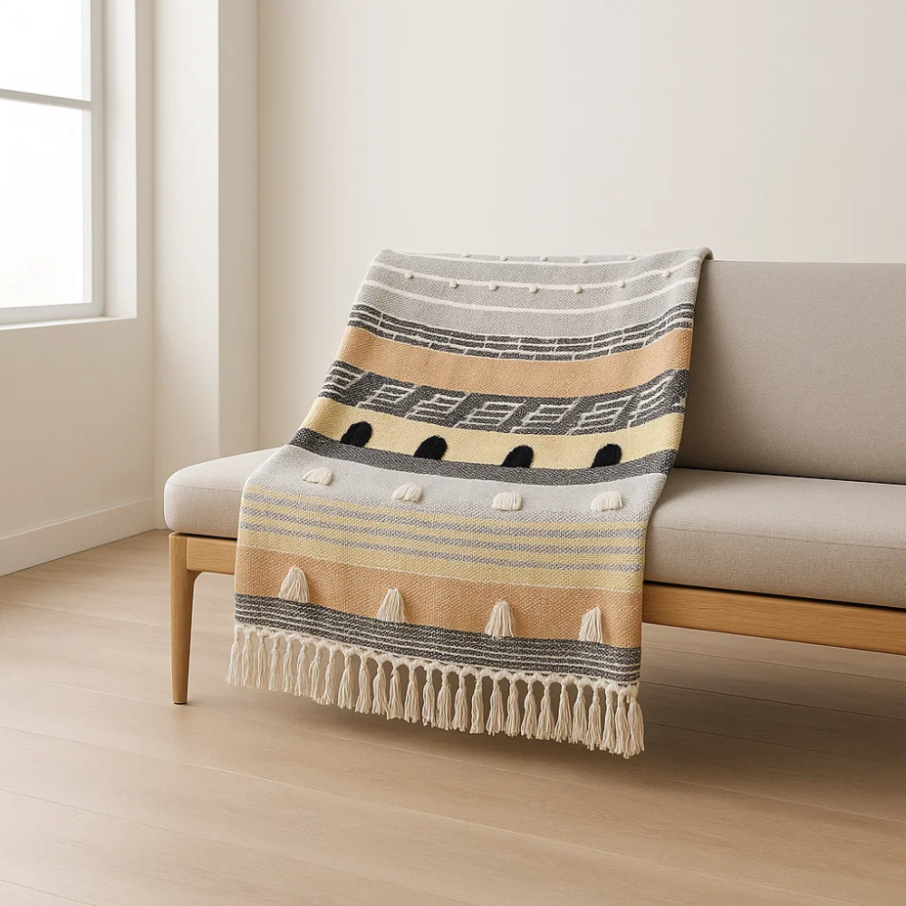 Statement Paneled Handloom Cotton & Wool Throw with Tassels