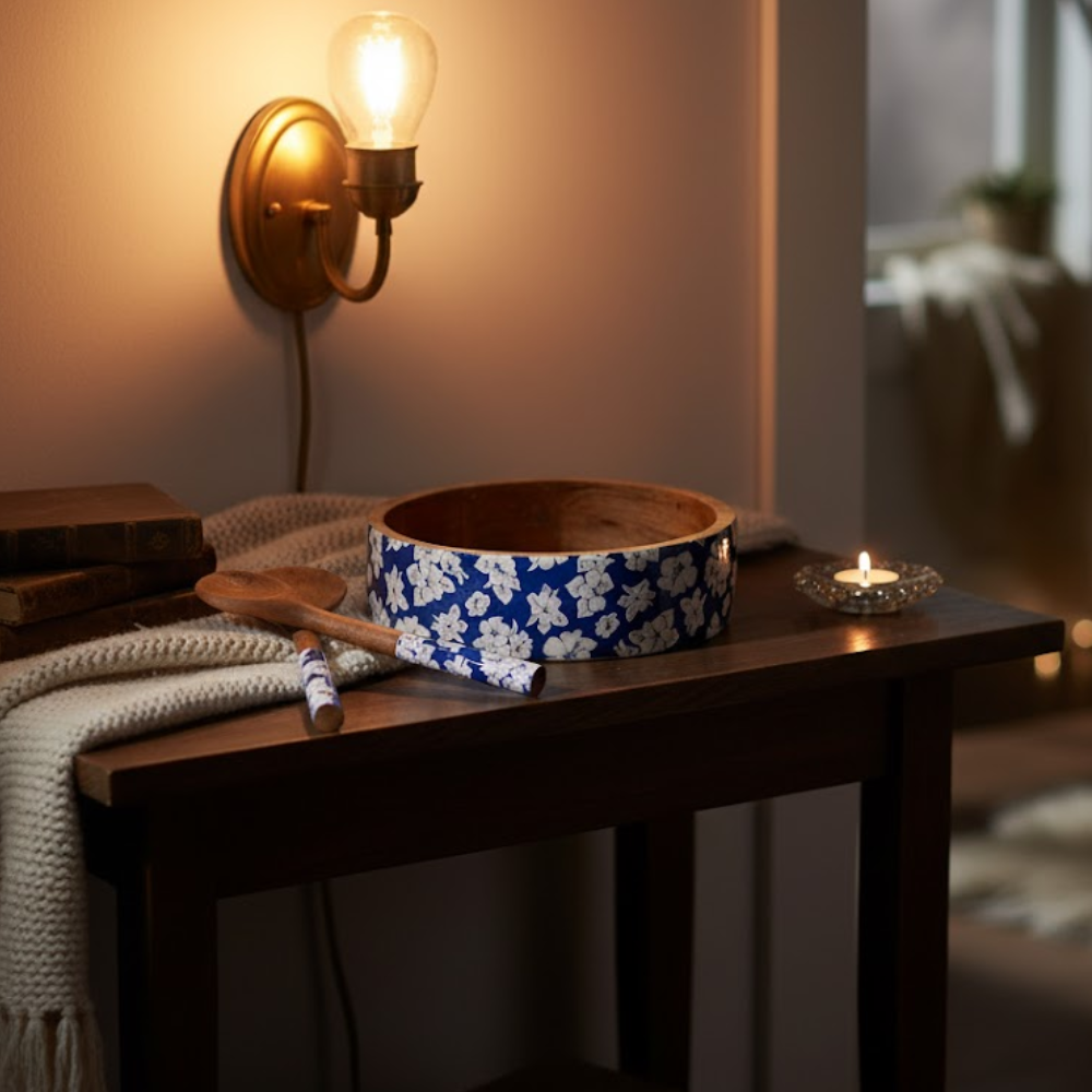 Hibiscus Enamelled Bowl & Servers Set – Handcrafted Mango Wood Salad Bowl with Serving Spoons