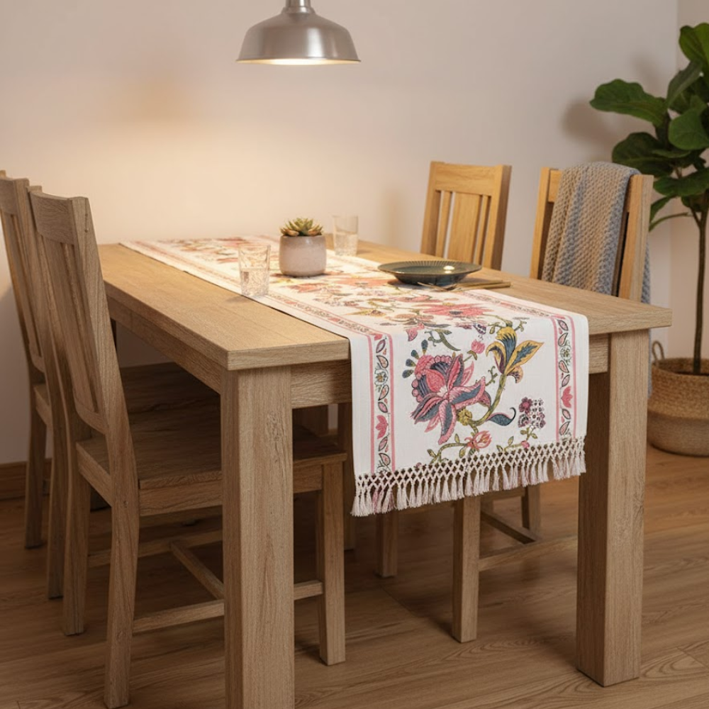Floral Printed Cotton Table Runner with Tassels – Handwoven Artisan Dining Table Décor