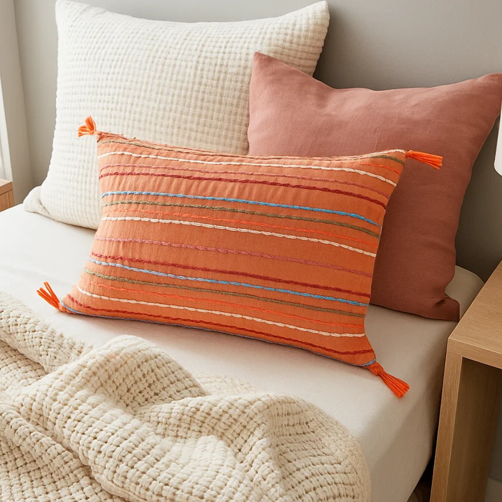 Striped & Tasseled Slub Coral Lumbar Cotton Cushion Cover – Hand-Embroidered Sofa Cushion Cover