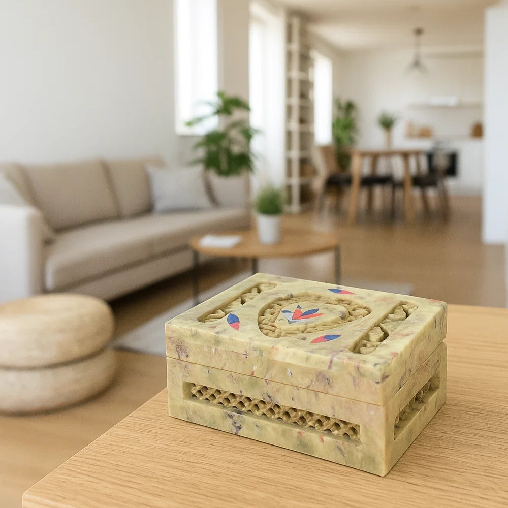 Soapstone Jewelry Box – Hand-Inlaid Semi-Precious Stones