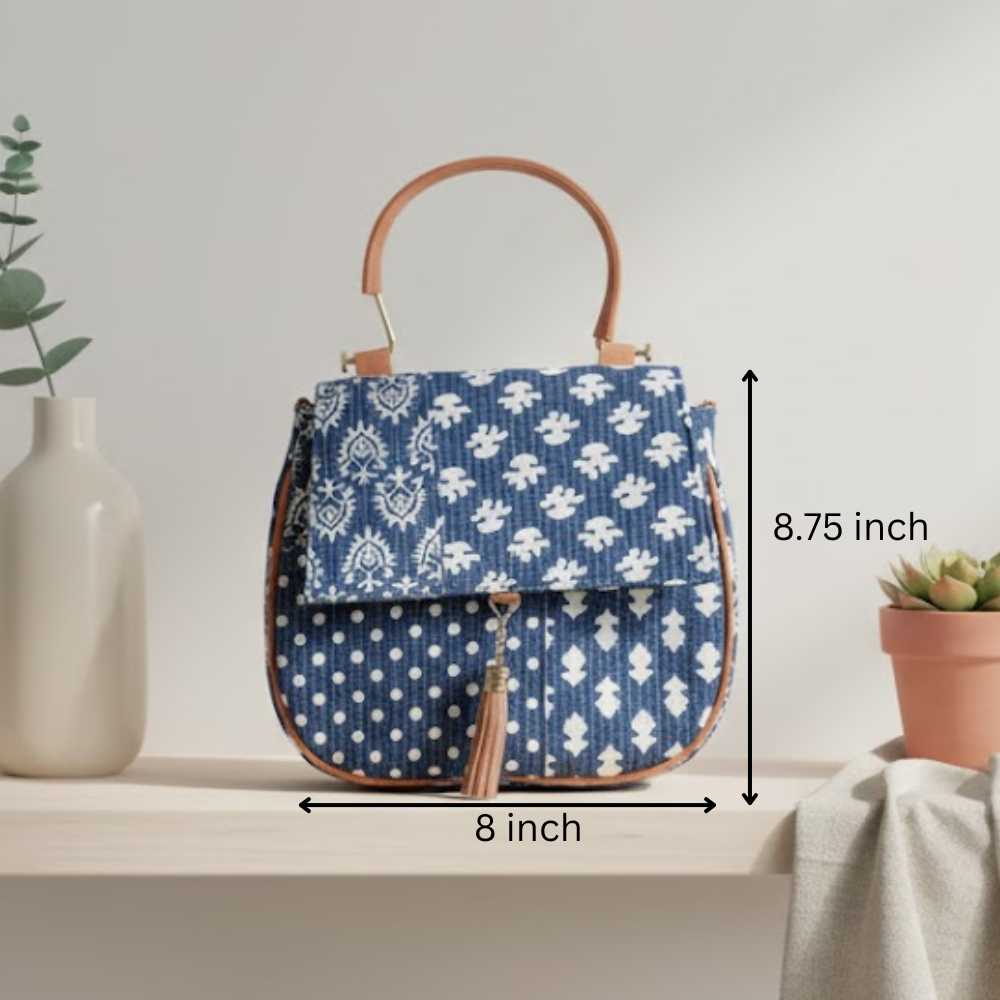 Floral Indigo Printed Handbag with Tassel