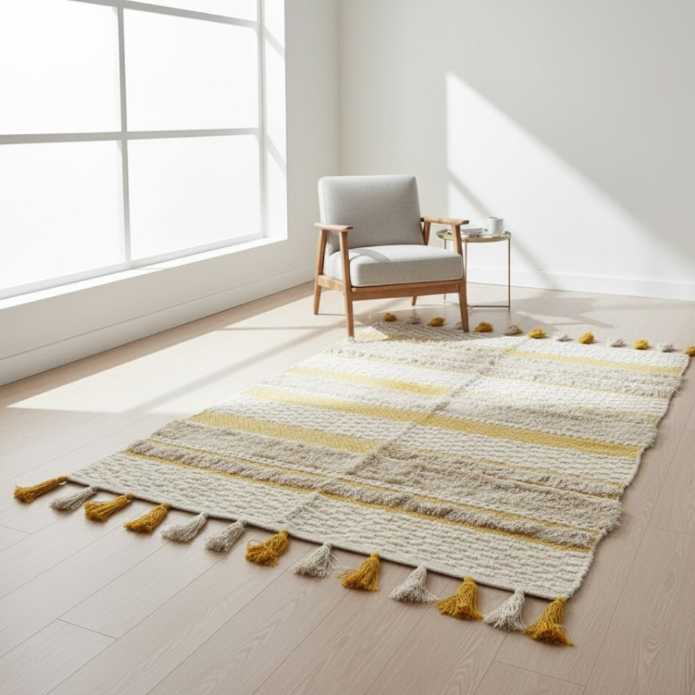 Handwoven & Tufted Tuscan Rug – Artisan Cotton Rug with Jacquard Weave, Tufts & Tassels