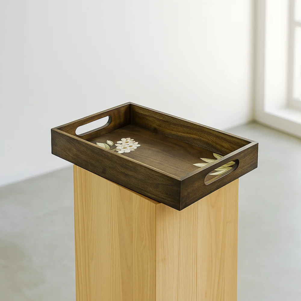 Frangipani Hand Painted Rectangular Wooden Tray – Artisan Wooden Serveware with Floral Hand-Painting