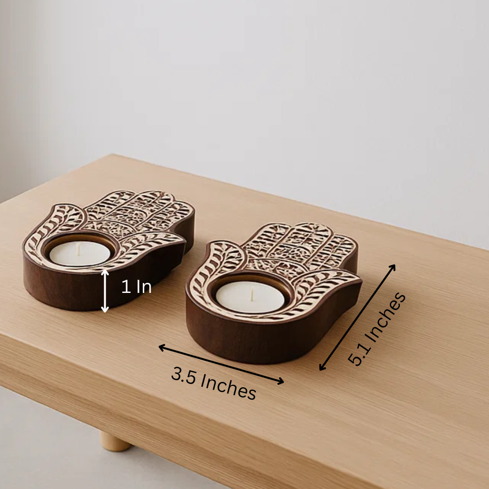 Hand Carved Wooden Hamsa Palm Tealight Holders (Set of 2) – Artisan Candle Holders with Protective Symbolism