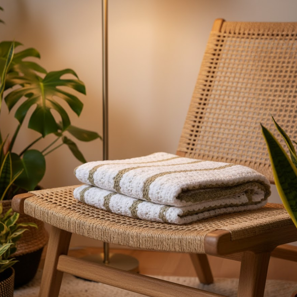 Striped Crochet Throw – Handmade White Cotton Comfort