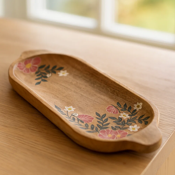 Elongated Wood Platter | Hand Painted Floral Mango Wood Serving
