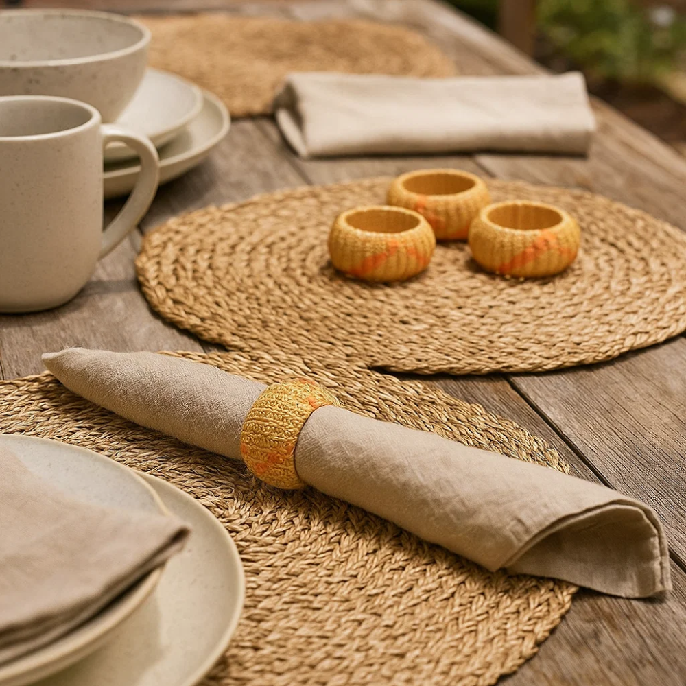 Handcrafted Round Cane & Iron Napkin Rings – Set of 4