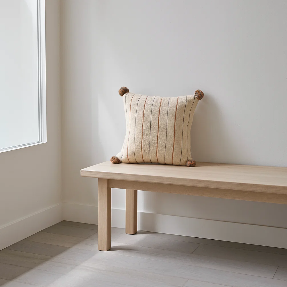 Line & Pom Pom Accent Cotton Cushion Cover – Handwoven Sofa Cushion Cover with Concealed Zip