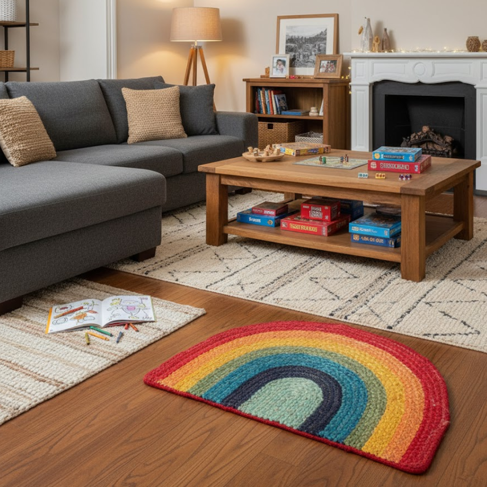 Braided Jute Rainbow Mat – Eco-Friendly Hand-Braided Door Mat in Natural Jute with Rainbow Accents