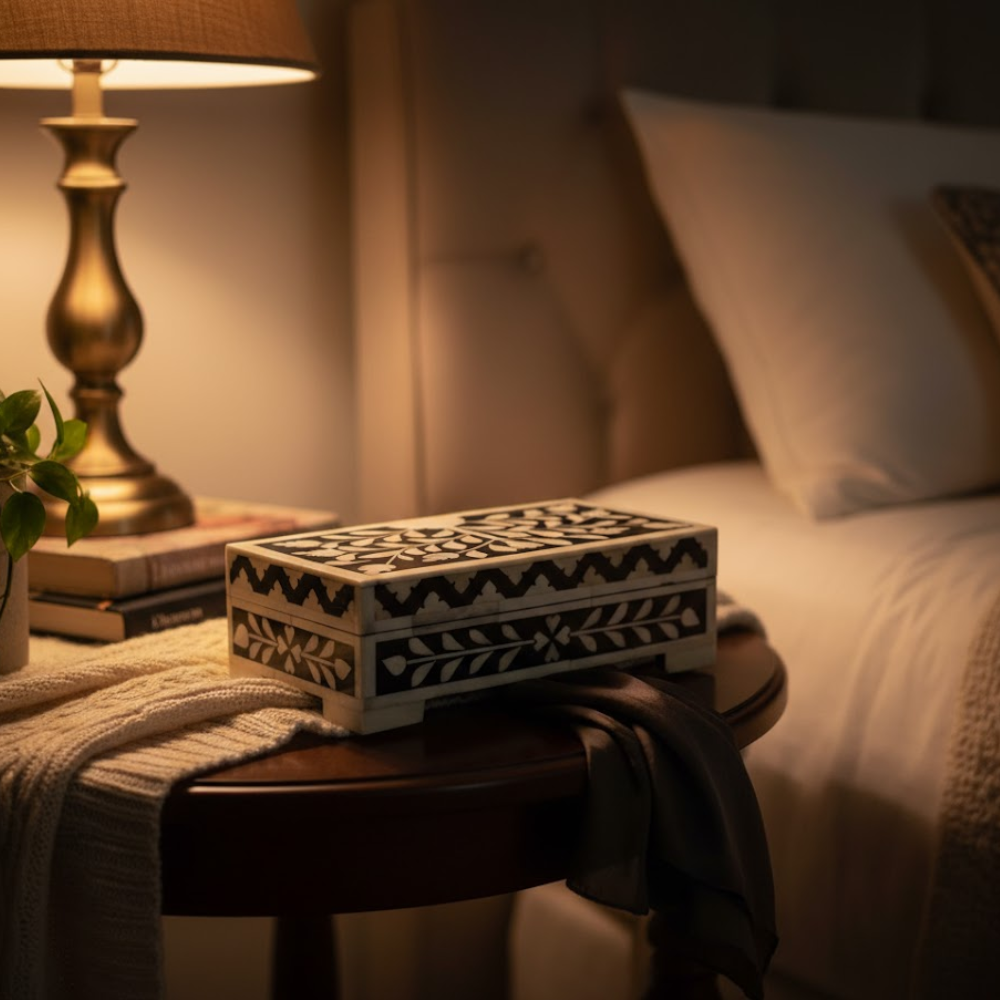 Inlay Work Monochrome Jewelry Box – Handcrafted Artisan Jewelry Storage