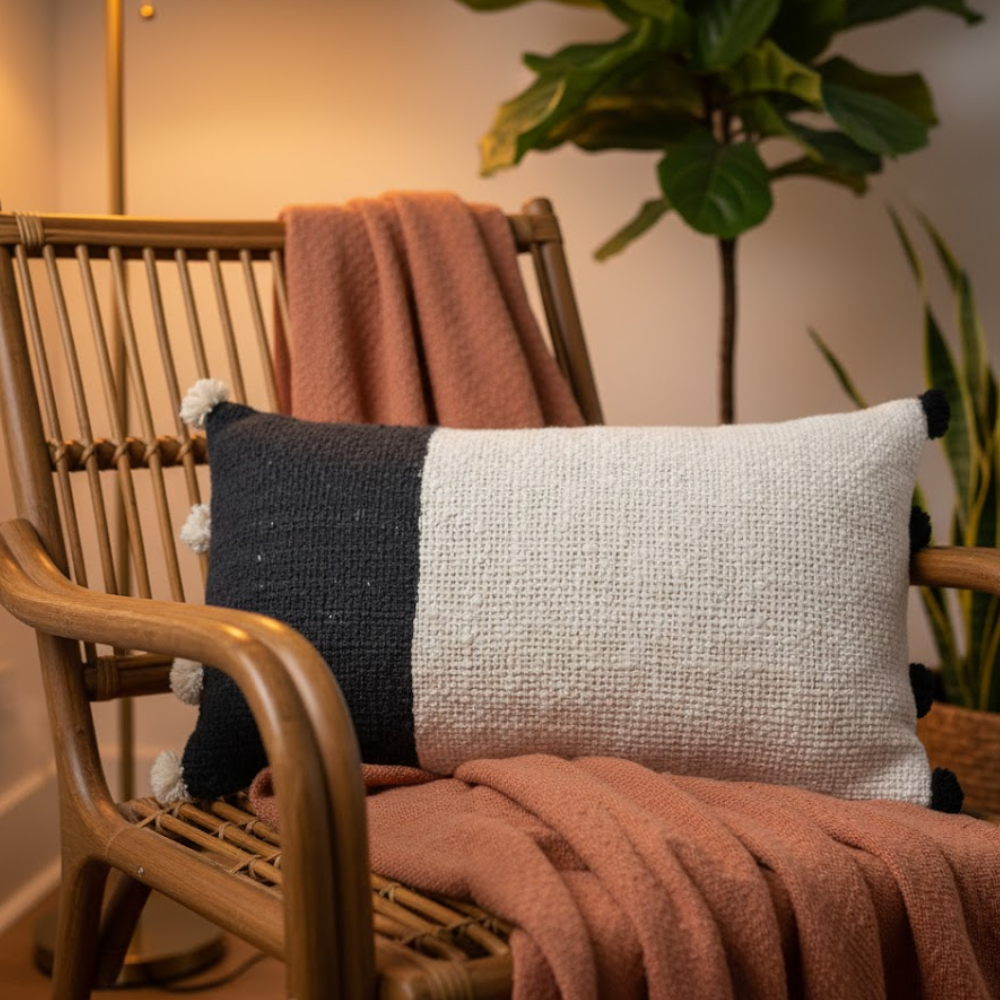 Colorblock Lumbar Cotton Cushion Cover – Handwoven White Sofa Cushion Cover with Concealed Zip (20x12 in)