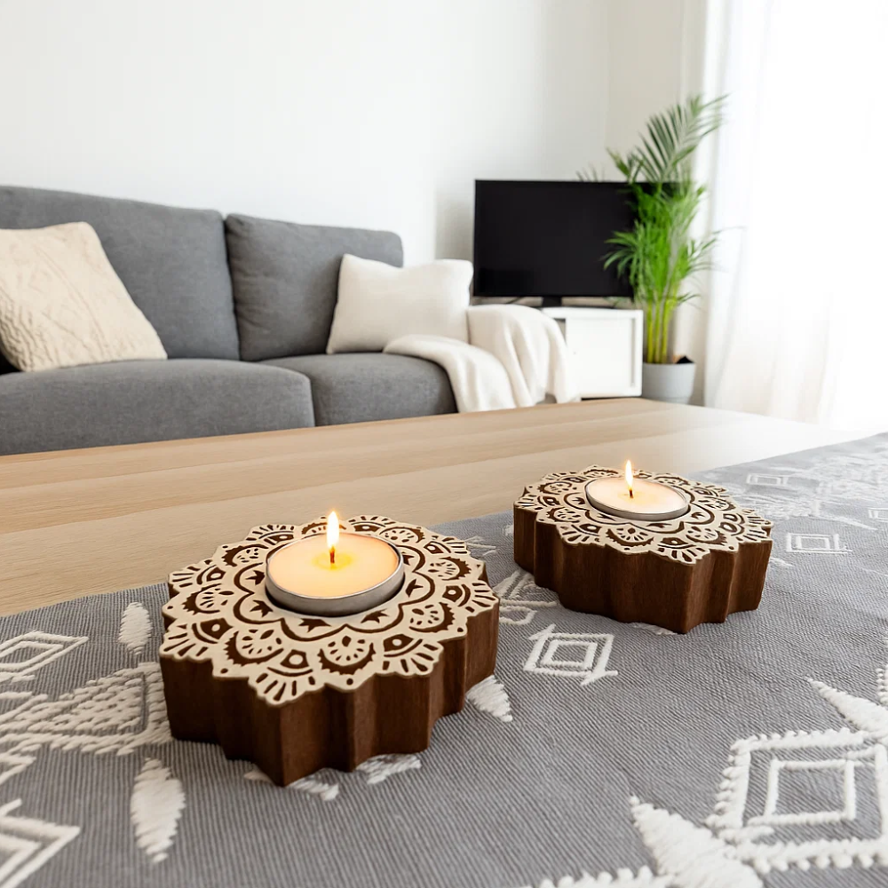 Hand Carved Wooden Mandala Tealight Holders (Set of 2) – Artisan Candle Holders with Intricate Mandala Design