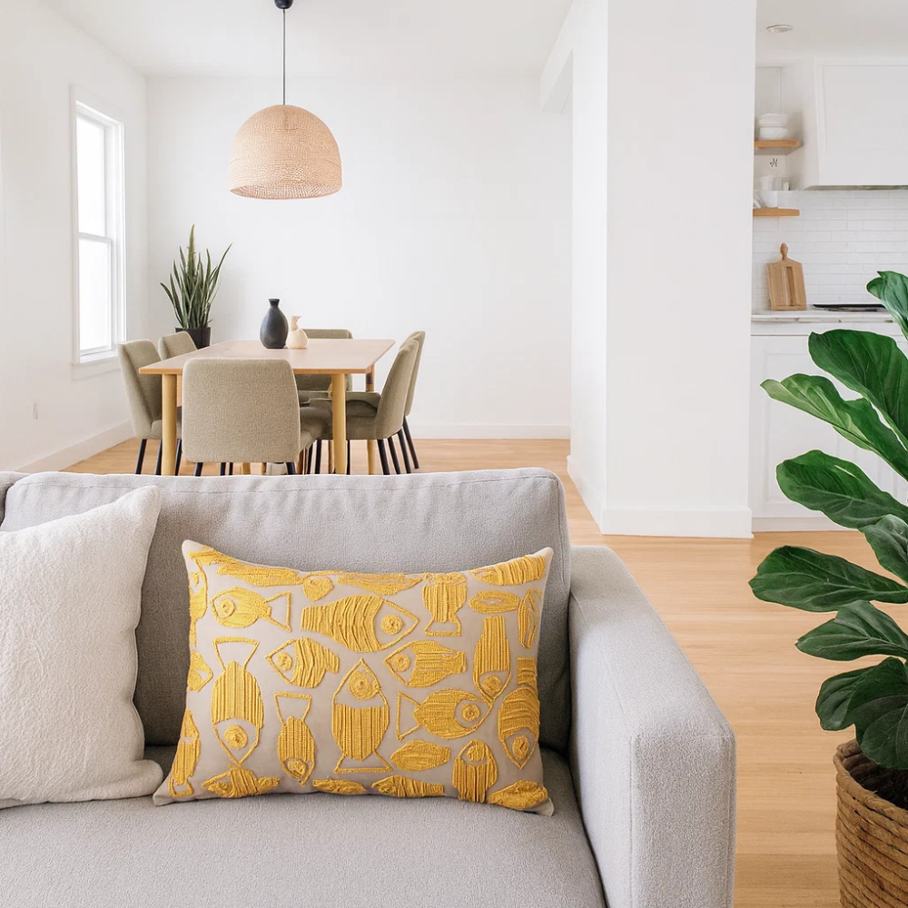 Yellow Fish Lumbar Cushion Cover – Hand Embroidered