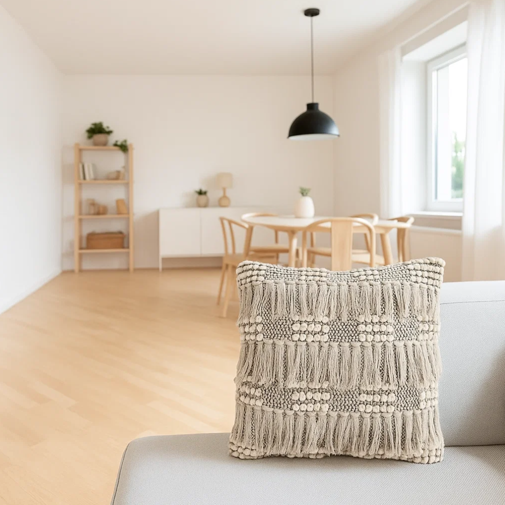 Tufted & Fringed Cotton Cushion Cover – Handwoven Off-White Sofa Cushion Cover with Concealed Zip