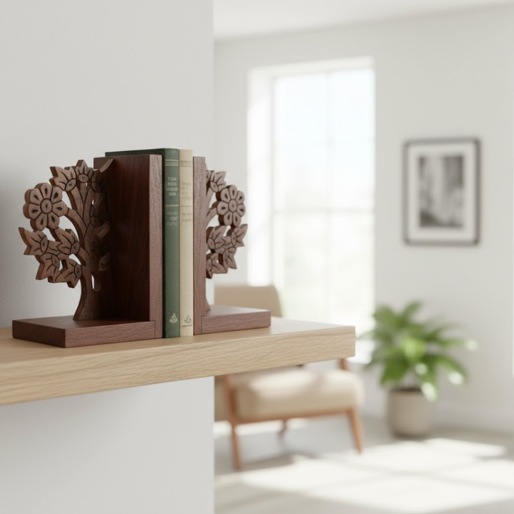 Hand Carved Solid Wood Tree Bookends (Set of 2) – Rustic Artisan Wooden Bookends with Tree Motif