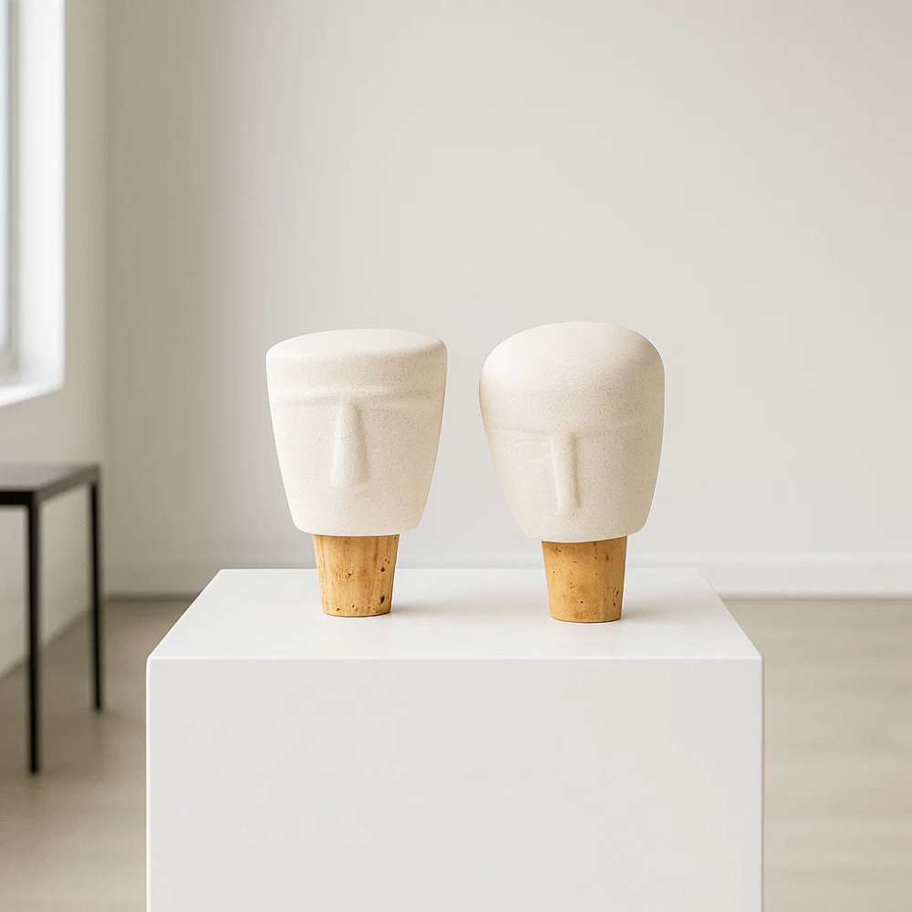 Sculpted Faces Ceramic Bottle Stoppers (Set of 2) – Artisan Ceramic Barware with Hand-Sculpted Face Motifs