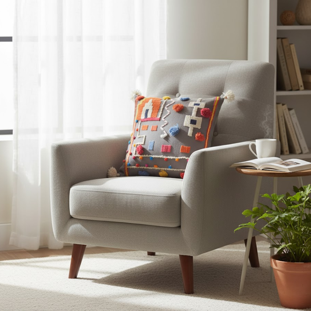 Embroidered Abstract Cotton Cushion Cover with Tassels – Handcrafted Sofa Cushion Cover