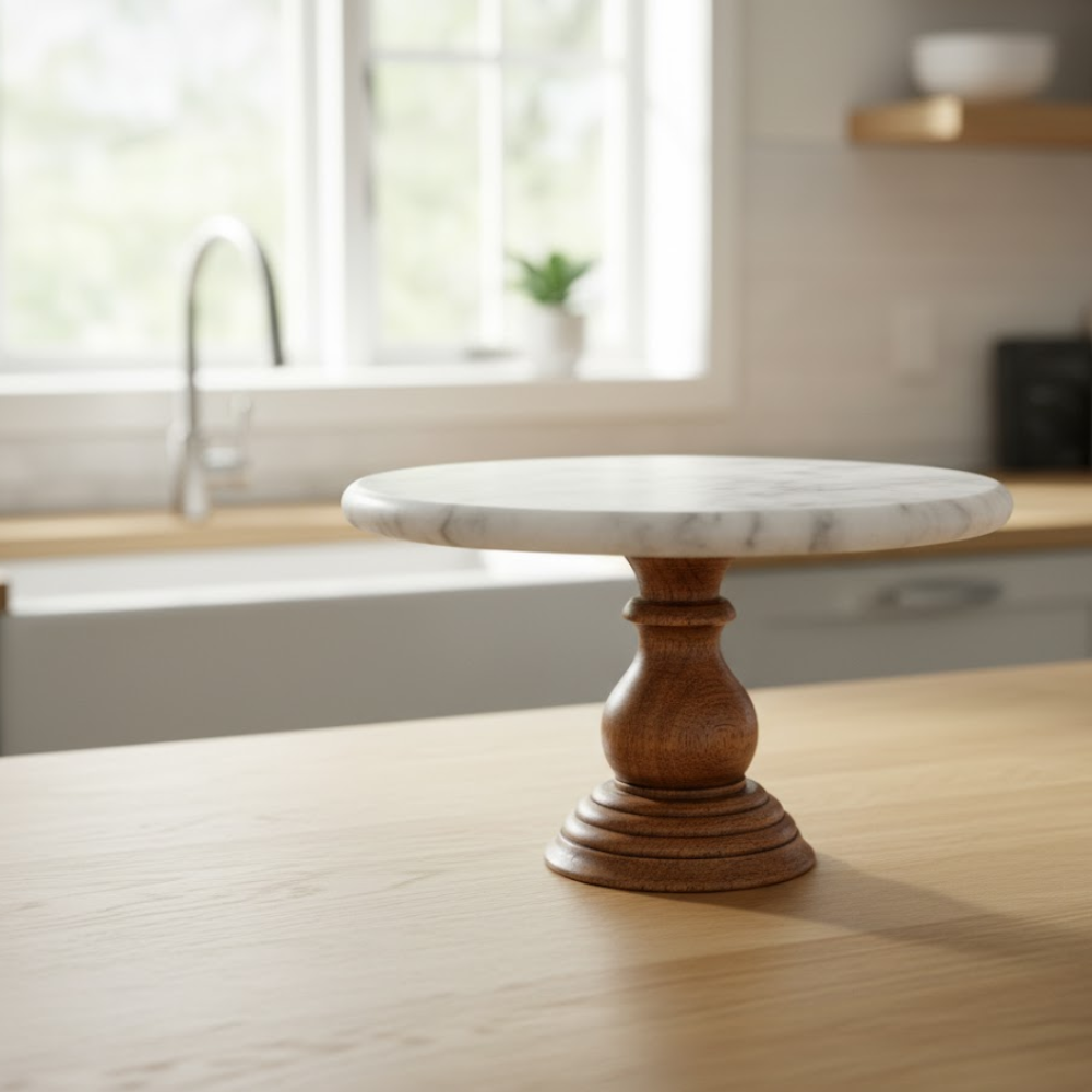 White Marble Cake Stand with Mango Wood Base – Handcrafted Luxury Serveware for Cakes & Desserts