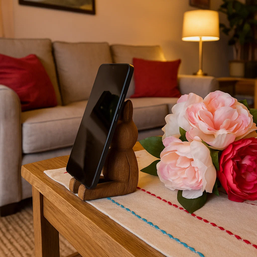 Hand Cut Mango Wood Rabbit Mobile Holder – Sustainable Wooden Phone Stand