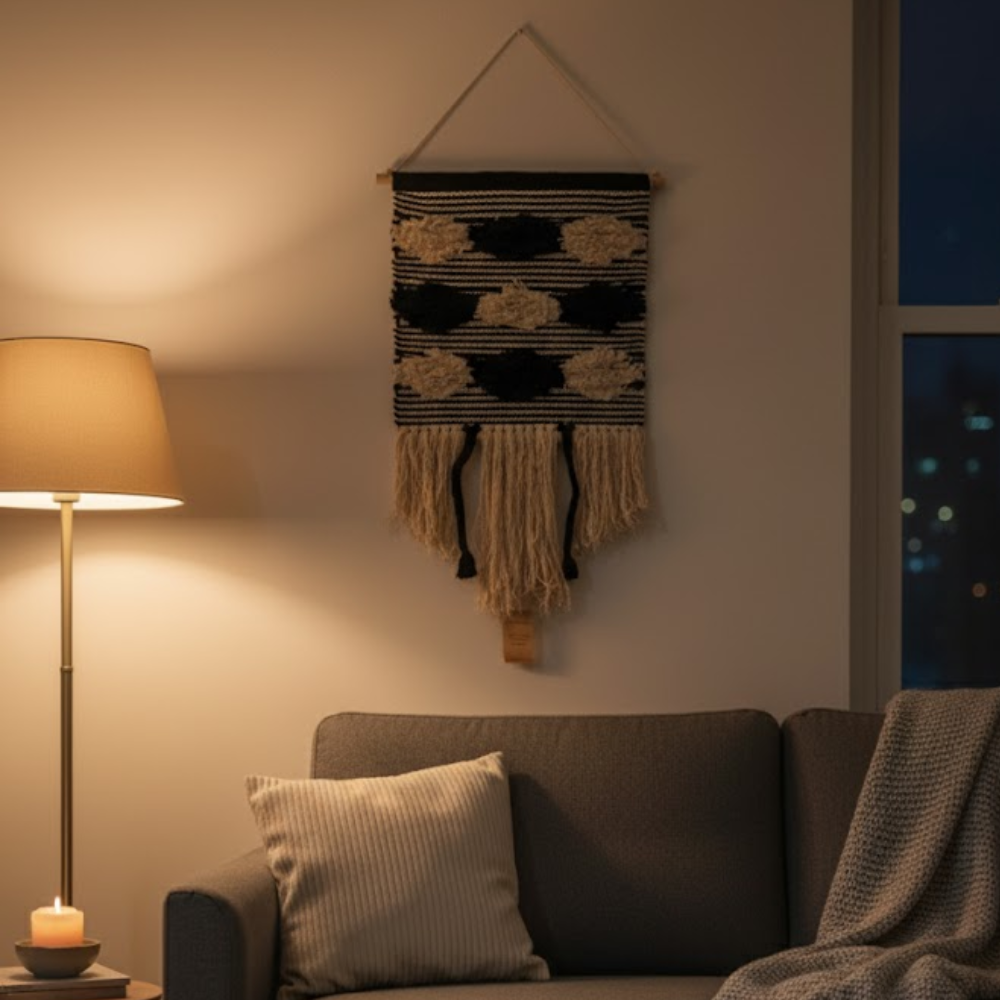 Monochrome Cotton Wall Hanging – Handwoven Boho Decor with Tassels