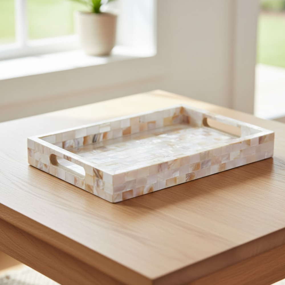 Mother-of-Pearl Wooden Serving Tray – Handcrafted Decorative Wood Serving Tray with Shell Inlay