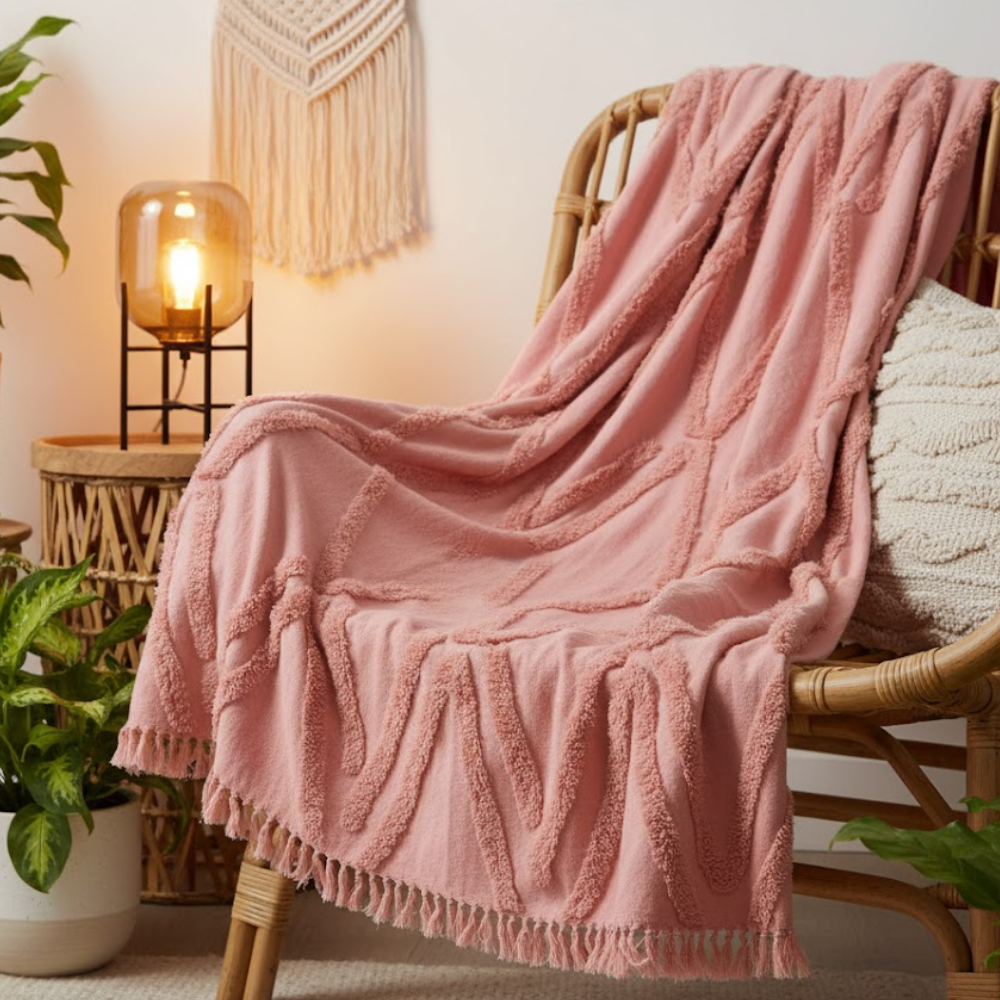 Chunky Pastel Cotton Tasseled Throw – Handwoven Artisan Cotton Throw with Tufts & Tassels