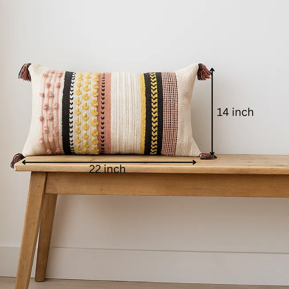 Handwoven & Tufted Striped Lumbar Cushion Cover – Artisan Cotton Sofa Cushion Cover with Concealed Zip