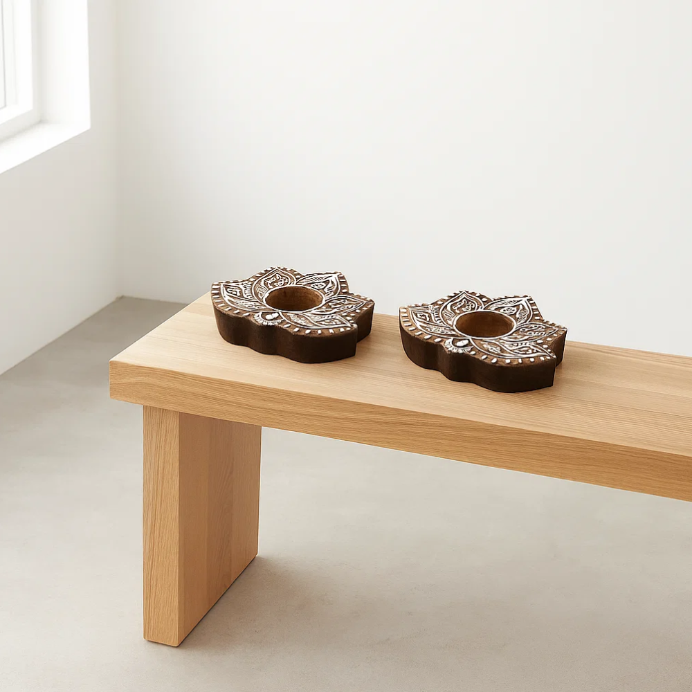 Hand Carved Wooden Lotus Tealight Holders (Set of 2) – Artisan Wooden Candle Holders with Tribal-Inspired Lotus Design