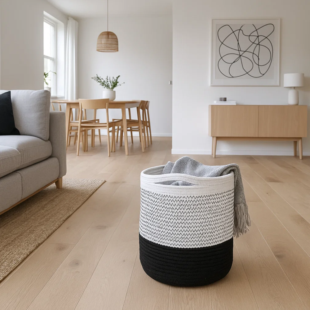 Handwoven Cotton Monochrome Zigzag Basket – Artisan Cotton Storage Basket with Black & White Pattern