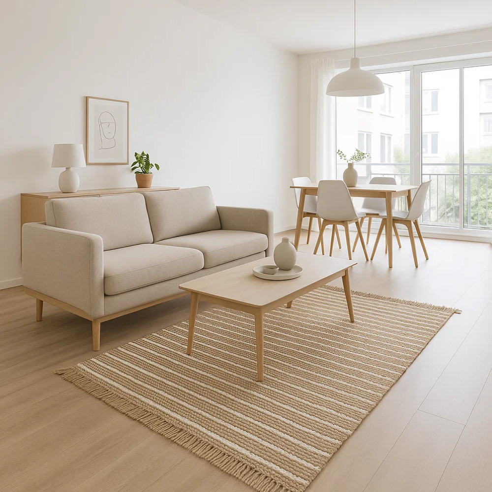 Handwoven Sandy Jute Striped Fringe Rug – Artisan Boho Rug with Rug Fringe Detailing