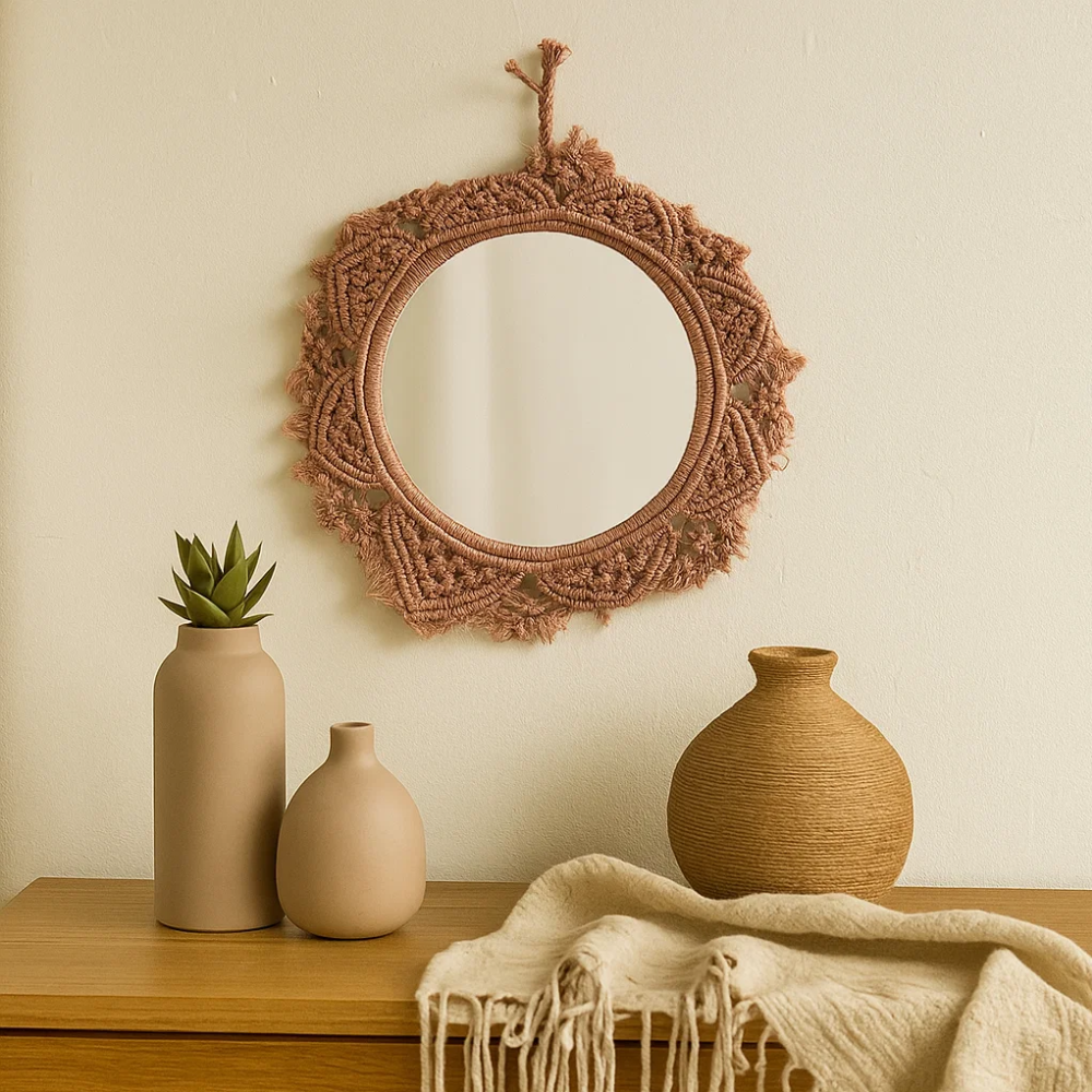 Hand Knotted Terra Brown Macrame Wall Mirror