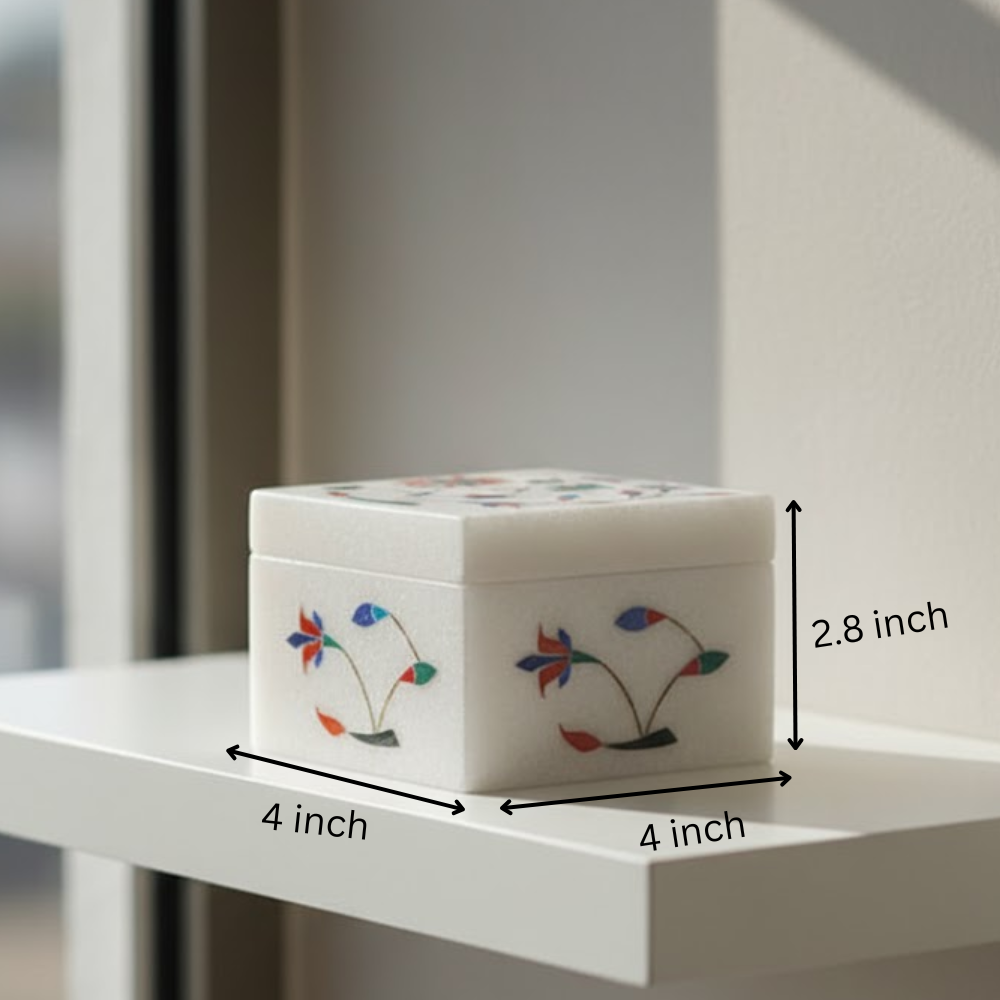 Inlaid Semi-Precious Stone & Marble Square Jewelry Box