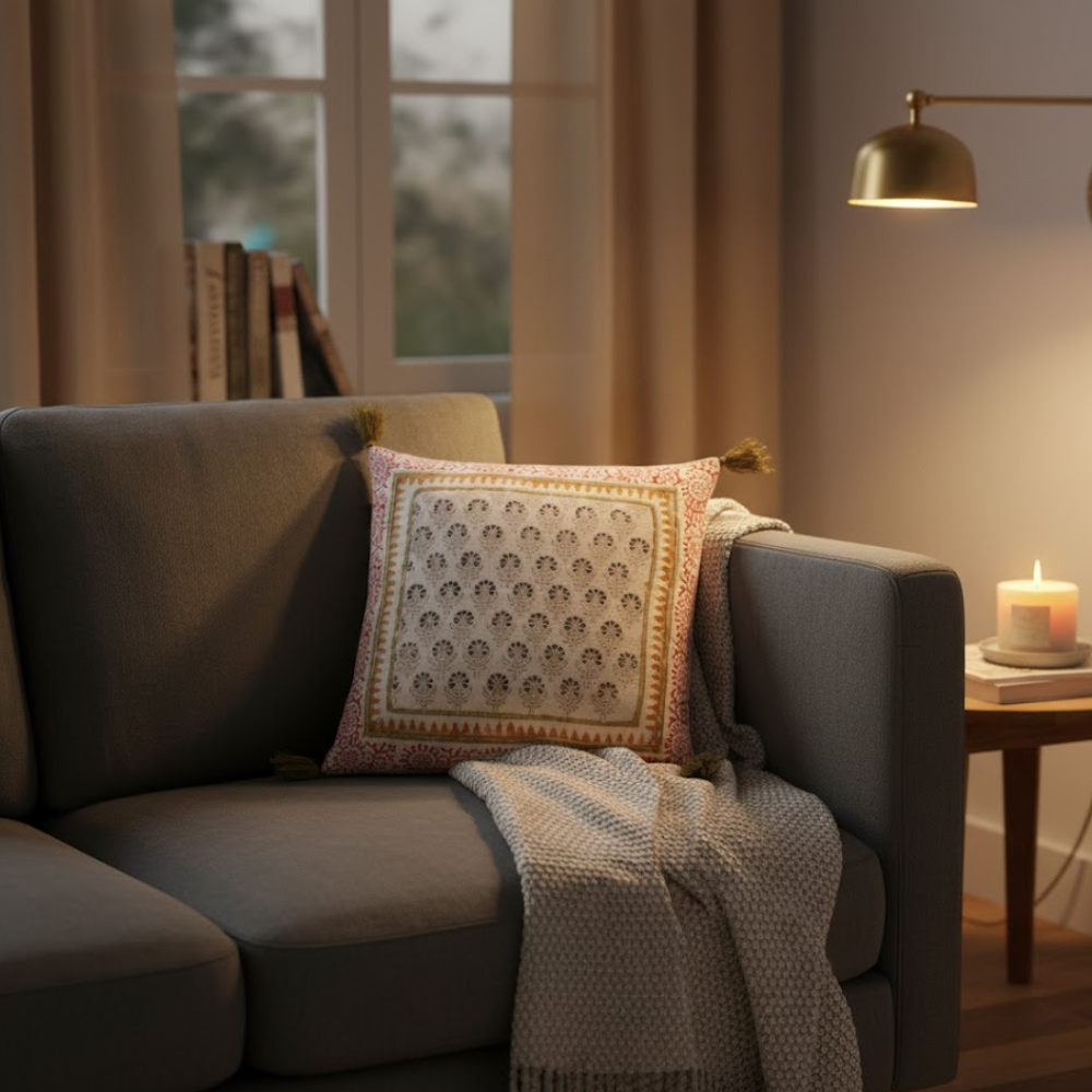 Block Printed Floral Tasseled Cotton Cushion Cover – Handcrafted Embroidered Cushion Cover