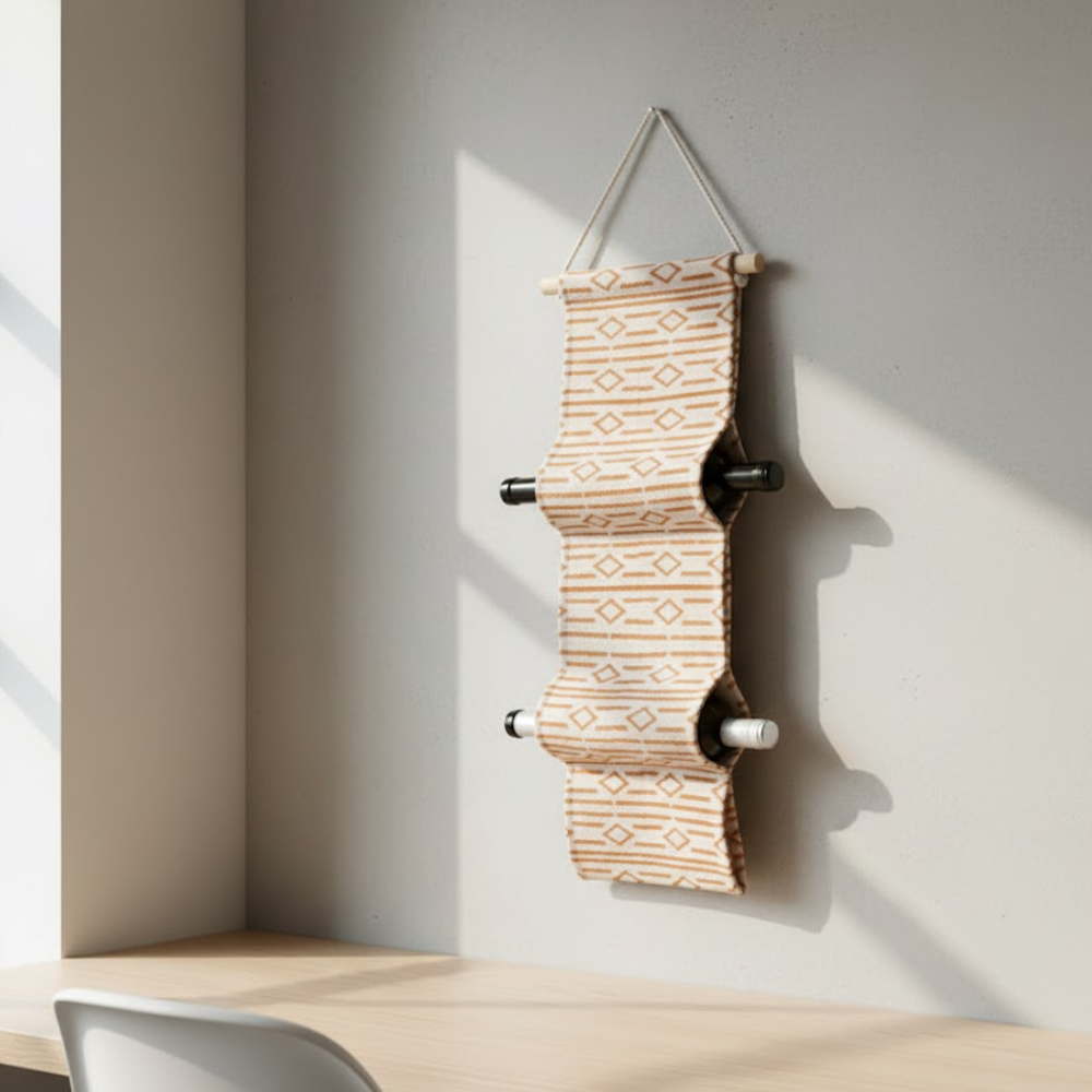 Rusty Orange Printed Wall Mountable Wine Rack – Hand Block Printed Cotton & Wood Wine Holder