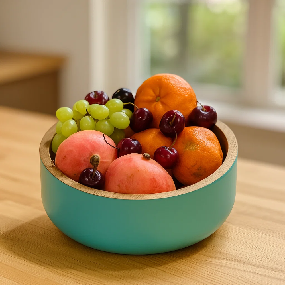 Acacia Wood Matte Aqua Salad Bowl – Handcrafted Wooden Serveware with Aqua Enamel Finish